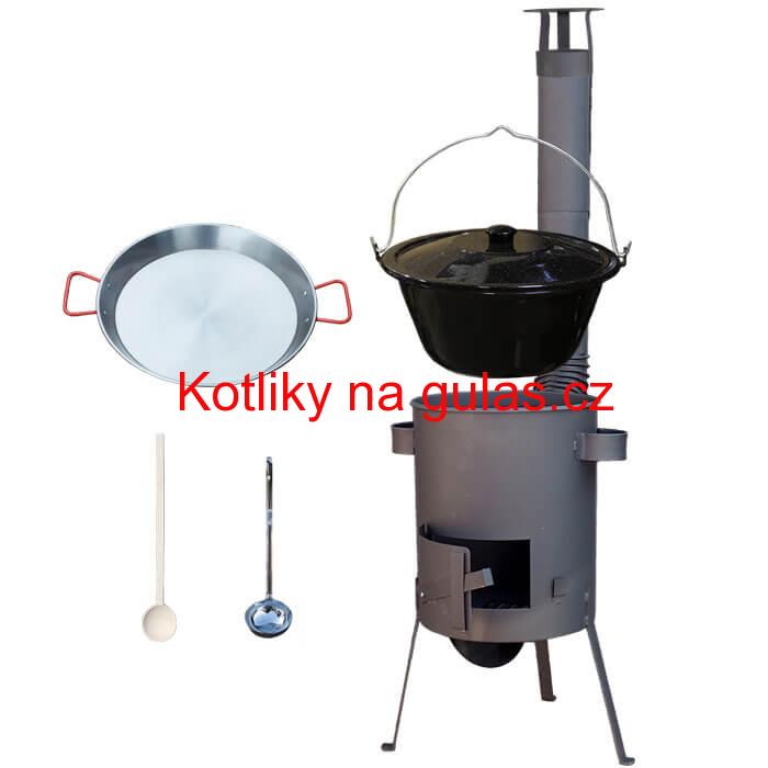 Smaltovaný kotlík 16 L + Paella ocelová pánev 42 cm + žáruvzdorná kotlina 39 PLUS 600 s roštem na popel 4 mm