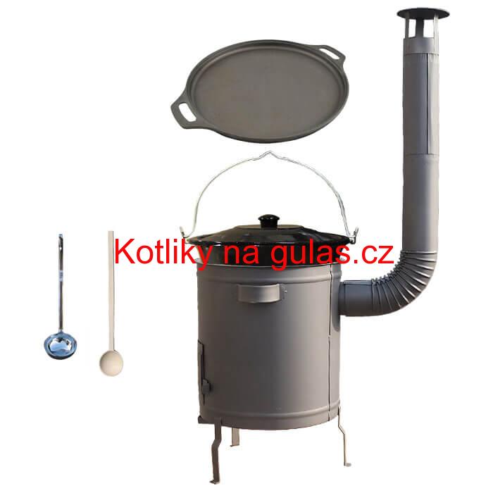 Smaltovaný kotlík 20 L (1,2 mm) + Litinová pánev 43 cm + silnostěnná (1,5 mm) a žáruvzdorná kotlina 42 PLUS 600