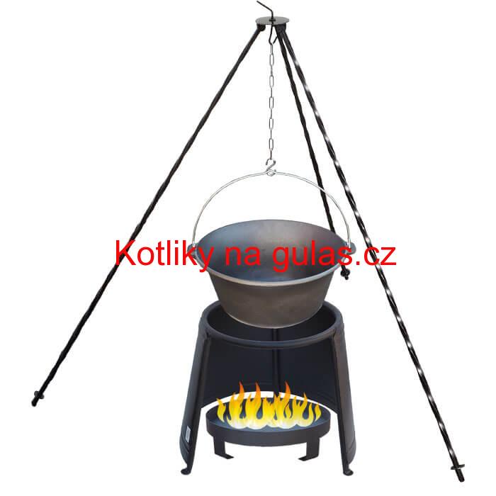 Litinový kotlík 10,8 L + chránič plamene 37 cm + ohniště 36 cm + trojnožka 1,2 m