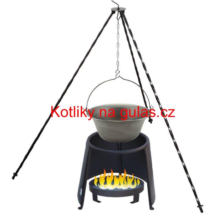 Železný kotlík 6 L (0,75 mm) + chránič plamene 32 cm + ohniště 36 cm + trojnožka 1,2 m