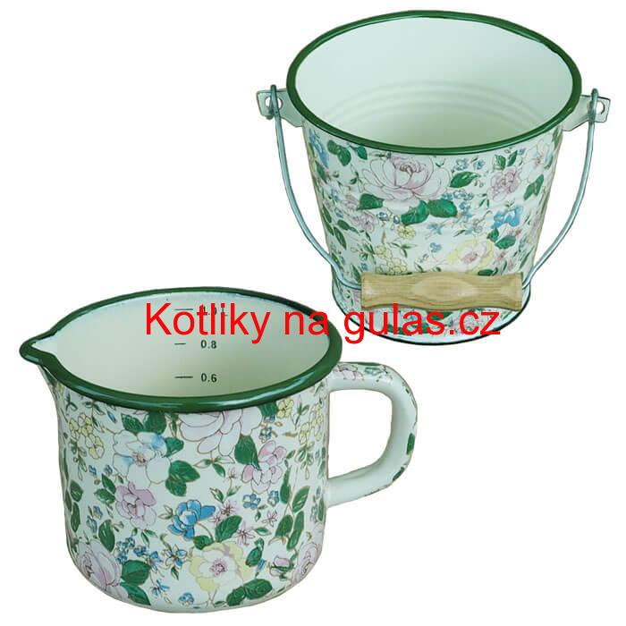 Smaltovaný hrnek s výlevkou 1 L + vědro 1 L DECOR