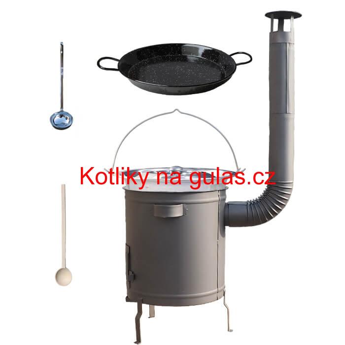Nerezový kotlík 14 L (0,8 mm) + Paella pánev 38 cm + silnostěnná (1,5 mm) žáruvzdorná kotlina (1,5 mm) 36 PLUS 600