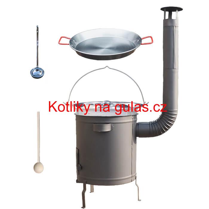 Nerezový kotlík 14 L (0,8 mm) + Paella pánev 38 cm + silnostěnná (1,5 mm) žáruvzdorná kotlina (1,5 mm) 36 PLUS 600