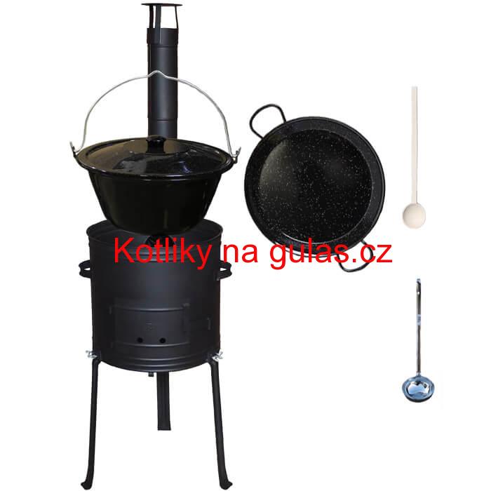 Smaltovaný kotlík 20 L + Paella pánev 46 cm + kovová kotlina s vysokými nožičkami 42 cm, žáruvzdorná barva Plus 700