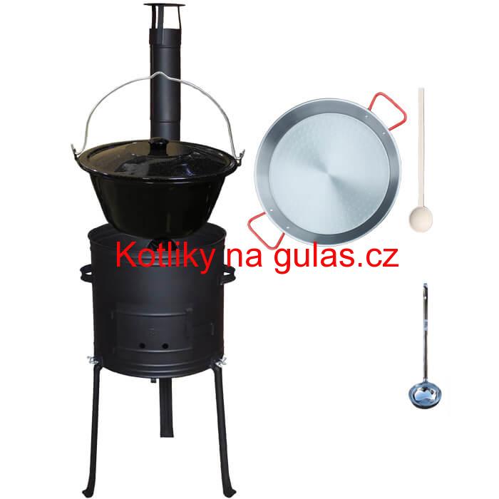 Smaltovaný kotlík 20 L + Paella pánev 46 cm + kovová kotlina s vysokými nožičkami 42 cm, žáruvzdorná barva Plus 700
