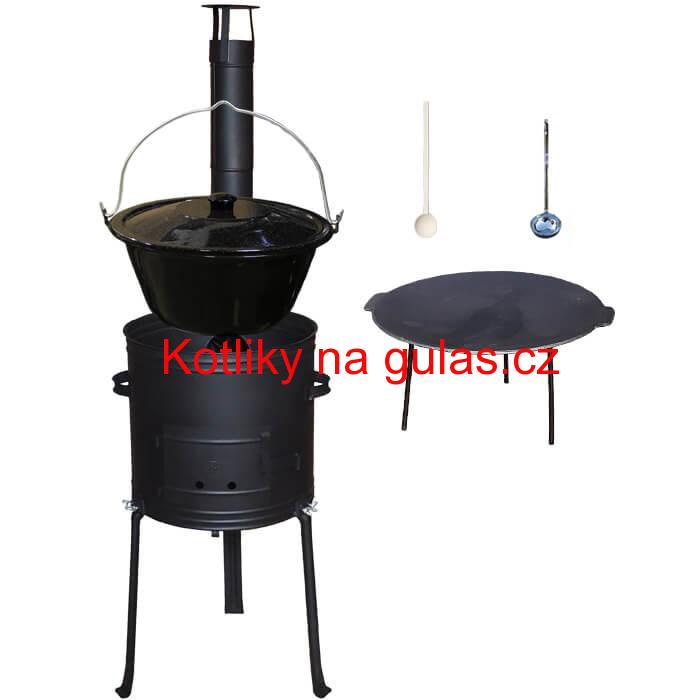Smaltovaný kotlík 25 L + Litinová pánev 45 cm + kovová kotlina s vysokými nožičkami 42 cm, žáruvzdorná barva Plus 700