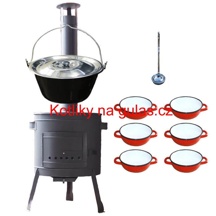 Smaltovaný kotlík 25 L + selské misky 6 ks + nízká žáruvzdorná kotlina 42 cm PLUS 600