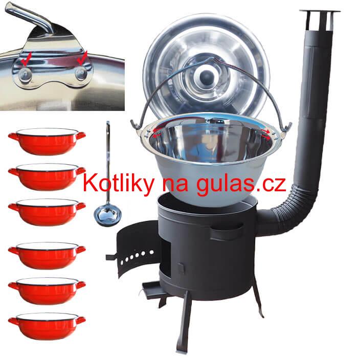 Nerezový kotlík 15 L (0,8 mm) s nýty INOX + selské misky 6 ks + nízká žáruvzdorná kotlina 36 cm PLUS 600