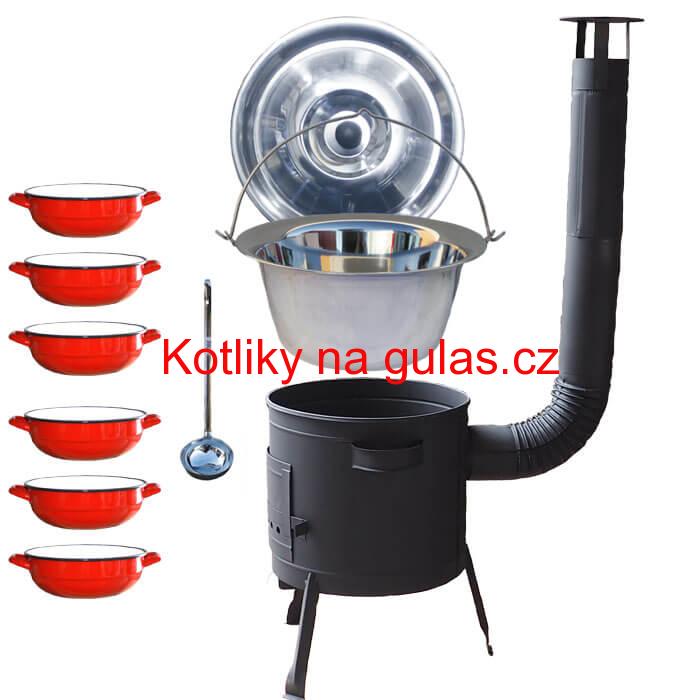 Nerezový kotlík 20 L (1,2 mm) INOX + selské misky 6 ks + nízká žáruvzdorná kotlina 42 cm PLUS 600