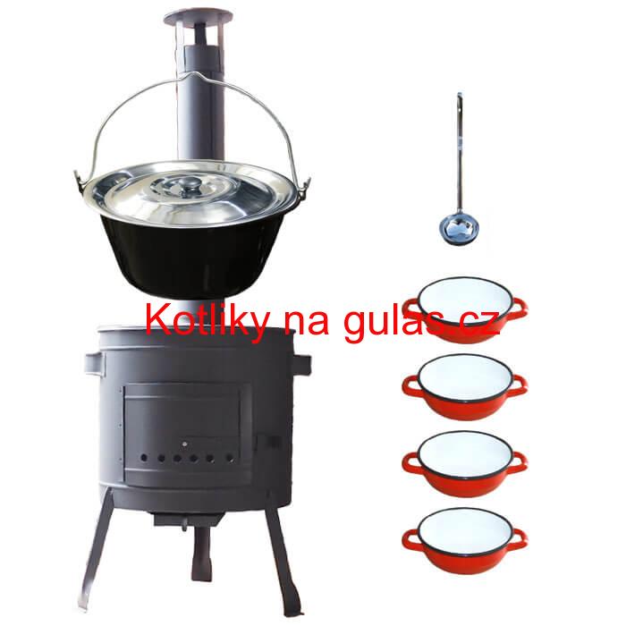 Smaltovaný kotlík 20 L + selské misky 4 ks + nízká žáruvzdorná kotlina 42 cm PLUS 600