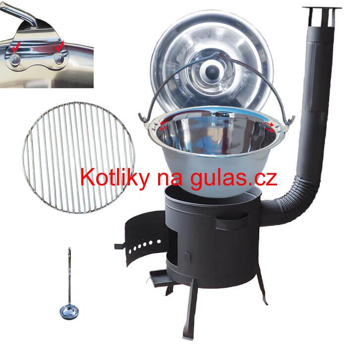 Nerezový kotlík 20 L (0,8 mm) s nýty INOX + Nerezový rošt 45 cm + nízká žáruvzdorná kotlina 42 cm PLUS 600