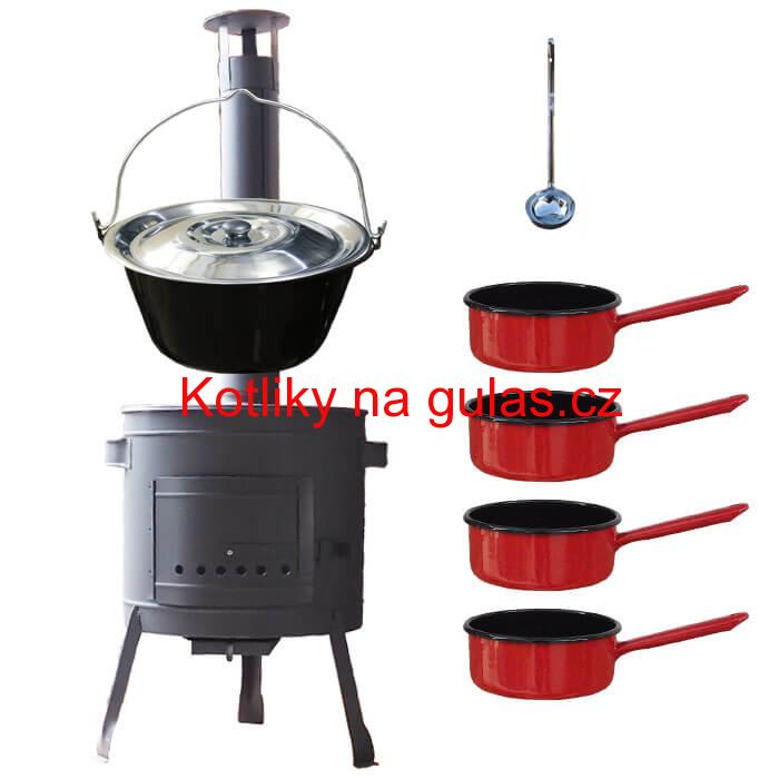 Smaltovaný kotlík 16 L + smaltované rendlíky 4 ks + nízká žáruvzdorná kotlina 39 cm PLUS 600