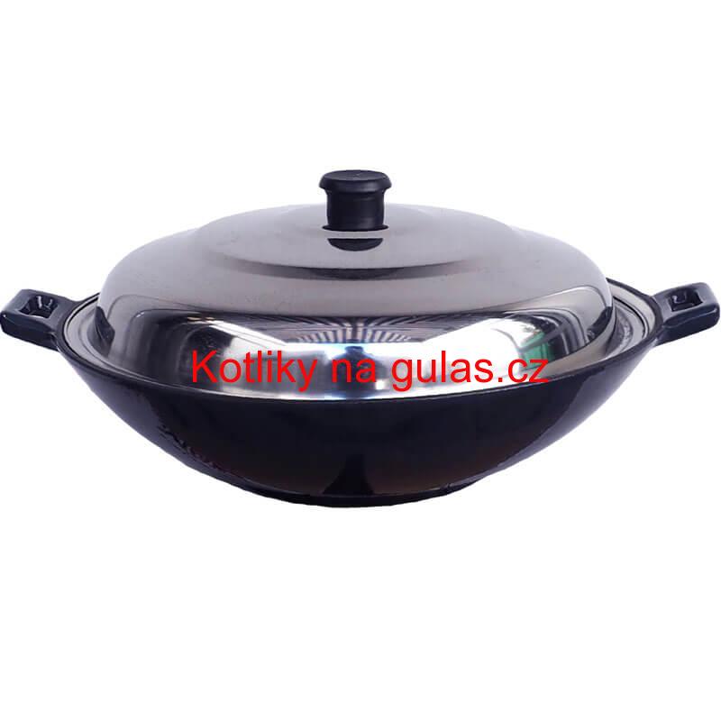 Litinový wok – smaltovaný povrch 37 cm + nerezová poklice
