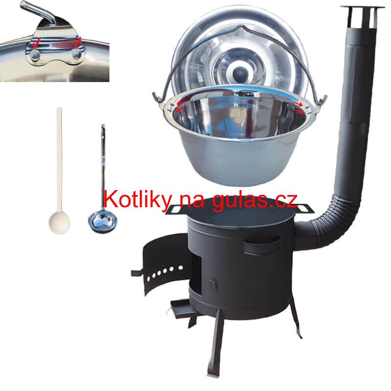 Nerezový kotlík 15 L (0,8 mm) s nýty + železná pánev 38 cm UNI + kotlina 36 cm PLUS 600