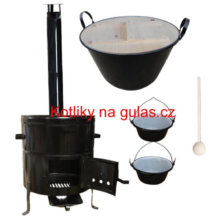 Zabijačkový smaltovaný kotel 100 L + kovová kotlina 58 cm + 2 servírovací kotlíky  a kouřovod