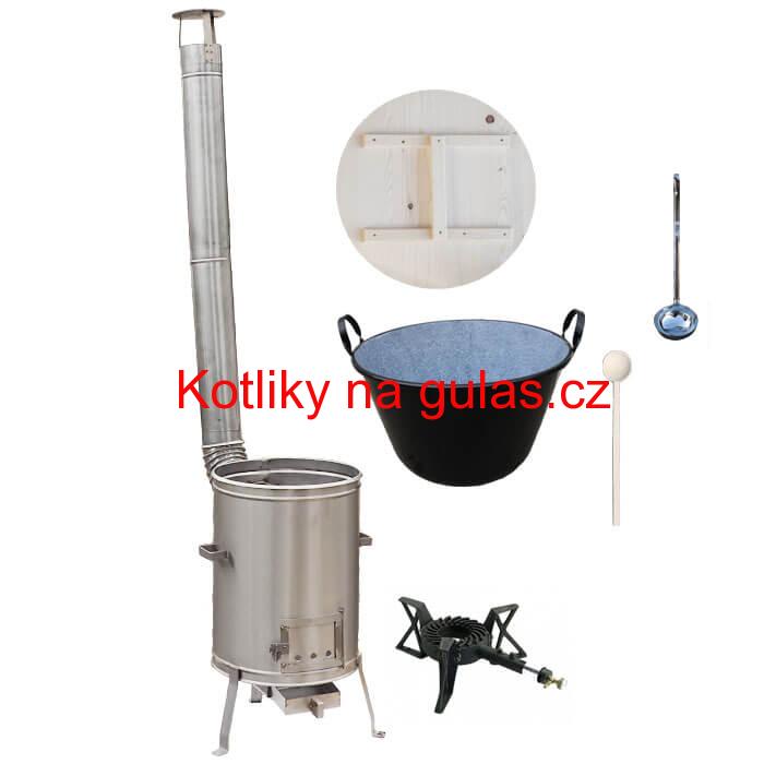 Zabijačkový smaltovaný kotel 100 L + nerezová kotlina 60 cm + hořák 7 kW + vařečka a naběračka