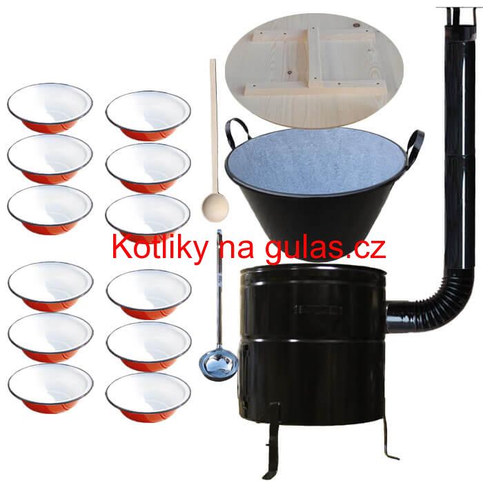 Smaltovaný kotel 100 L + smaltované talíře 12 ks vařečka a naběračka BIG PARTY