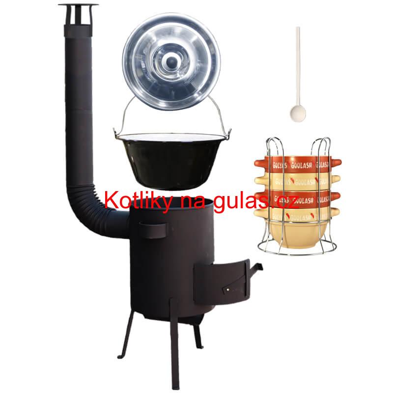 Smaltovaný kotlík 22 L (1,2 mm) + misky na guláš 4 ks + žáruvzdorná kotlina 42 PLUS 600 4 MM