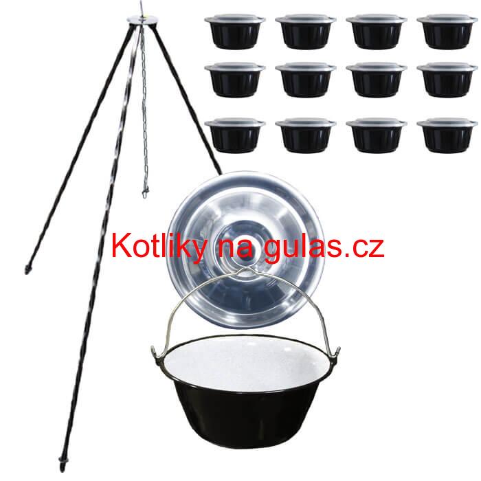 Smaltovaný kotlík 13 L (1,2 mm) + nerezová poklice + trojnožka 1,20 m + misky 12 ks