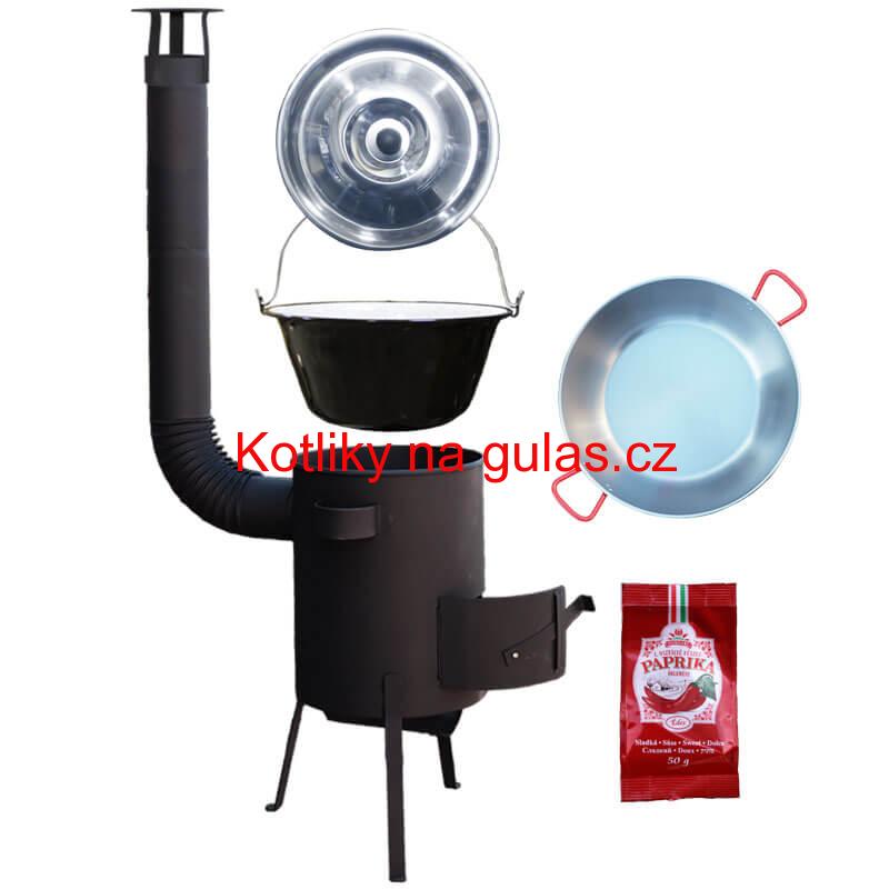 Smaltovaný kotlík 22 L + Pánev PAELLA (WOK) 45 cm + sladká paprika 50 g + žáruvzdorná kotlina 42 PLUS 600 s roštem na popel 4 mm