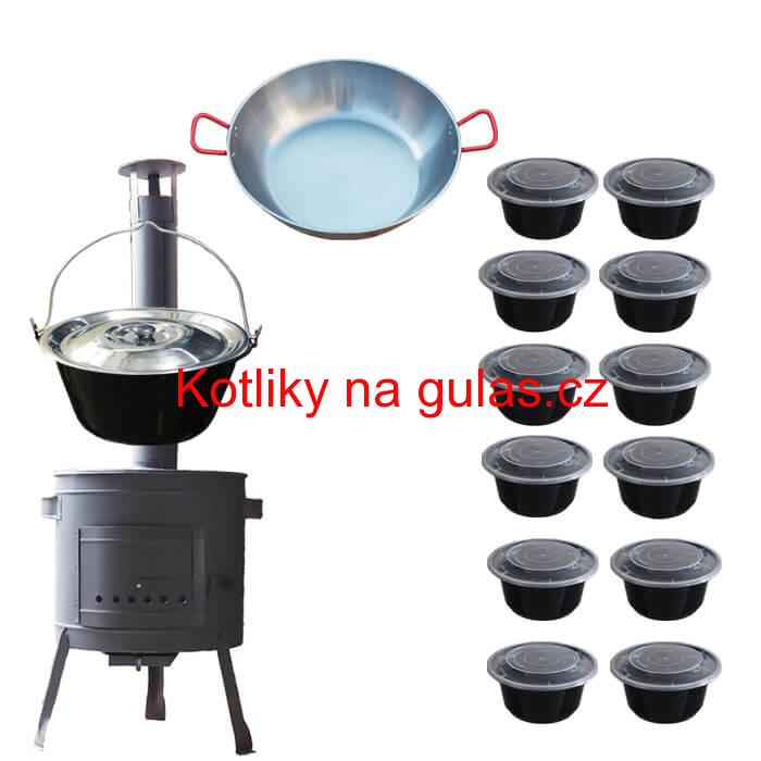 Smaltovaný kotlík 22 L + Pánev PAELLA (WOK) 45 cm + misky 12 ks + nízká kotlina 42 PLUS 600