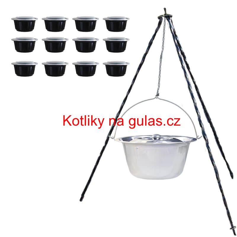 Nerezový kotlík 10 L (0,8 mm) INOX + poklice + trojnožka 1,20 m + misky 12 ks