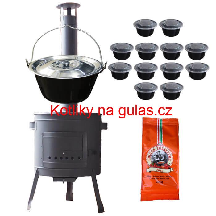 Smaltovaný kotlík 25 L (1,2 mm) + poklice + misky 12 ks + nízká žáruvzdorná kotlina (0,8 mm) 42 PLUS 600