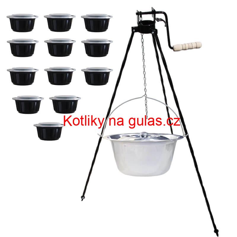 Nerezový kotlík 14 L (0,8 mm) INOX + stojan s kladkou VAR + misky 12 ks
