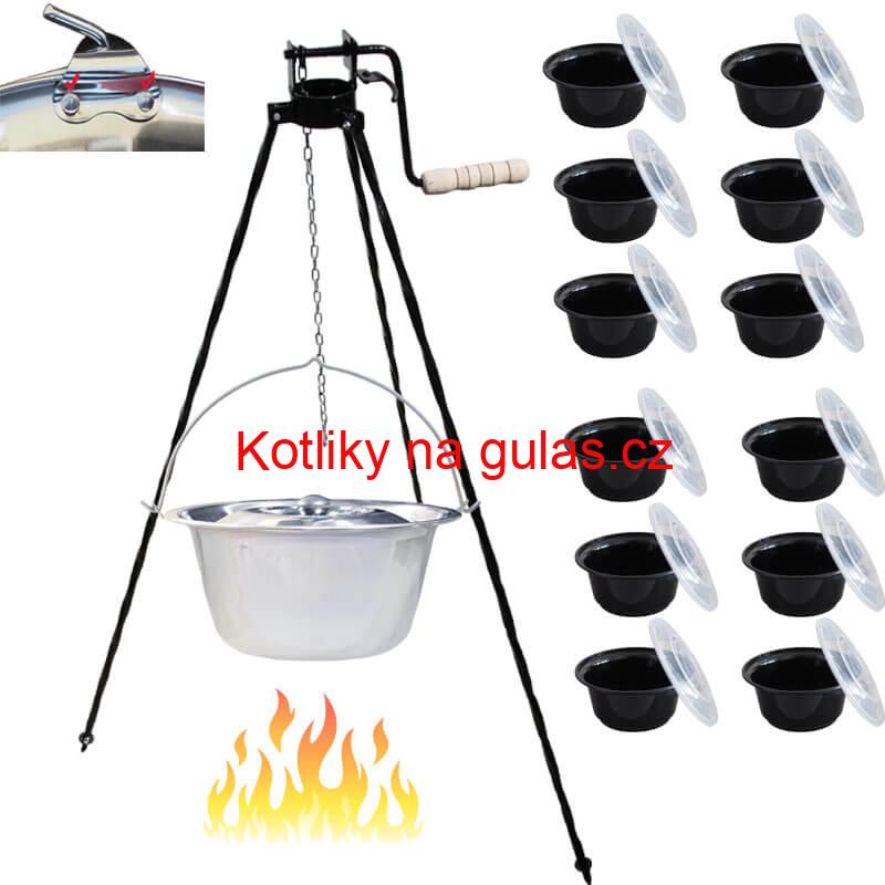 Nerezový kotlík 15 L (0,8 mm) s nýty + stojan s kladkou VAR + misky 12 ks