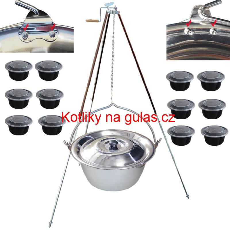 Nerezový kotlík 30 L (0,8 mm) s nýty + teleskopická trojnožka s pojistnou kladkou + misky 12 ks
