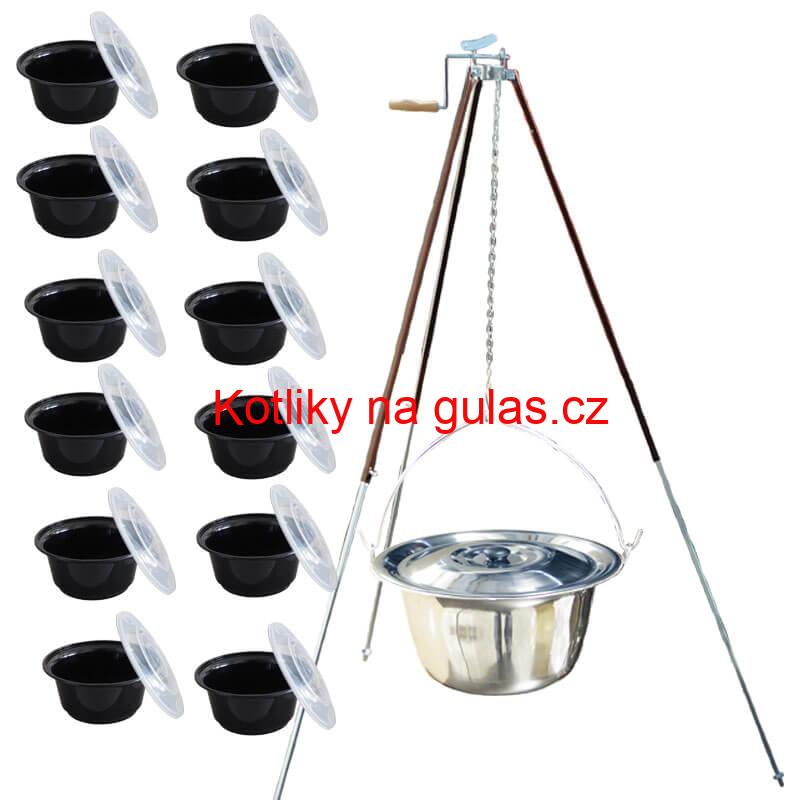 Nerezový kotlík 30 L (1,2 mm) + teleskopická trojnožka s pojistnou kladkou + misky 12 ks