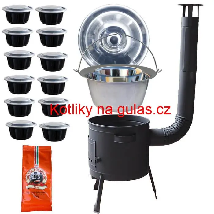 Nerezový kotlík 22 L (0,8 mm) INOX + silnostěnná (1,5 mm) žáruvzdorná kotlina BALKY STRONG 42 PLUS 600 + misky 12 ks + paprikové koření na guláš 100 g