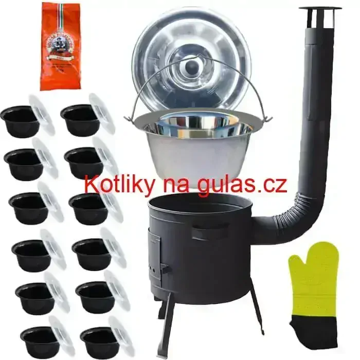 Nerezový kotlík 22 L (0,8 mm) + misky 12 ks + nízká žáruvzdorná kotlina (0,8 mm) 42 PLUS 600