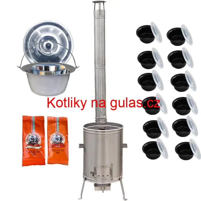 Nerezový kotlík 22 L (0,8 mm) INOX + nerezová kotlina 42 cm LUX + misky 12 ks + 2 x pepř na guláš 100 g