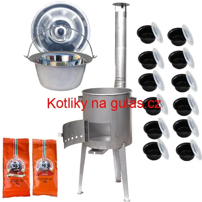 Nerezový kotlík 22 L (0,8 mm) INOX + nerezová kotlina 42 cm LUXUS + misky 12 ks + 2 x pepř na guláš 100 g
