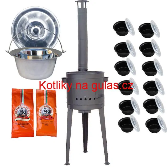 Nerezový kotlík 22 L (0,8 mm) INOX + vysoká žáruvzdorná kotlina (1,5 mm) HODO 42 cm PLUS 600 + misky 12 ks + 2 x pepř na guláš 100 g