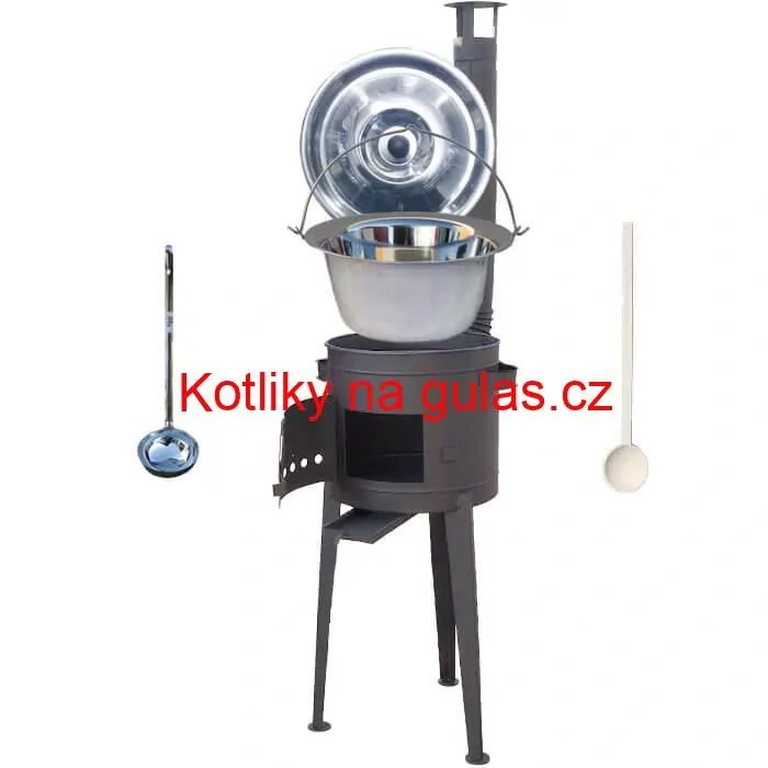 Nerezový kotlík 20 L (1,2 mm) INOX + vysoká žáruvzdorná kotlina (2,0 mm) HODO 42 cm PLUS 600 + vařečka + naběračka