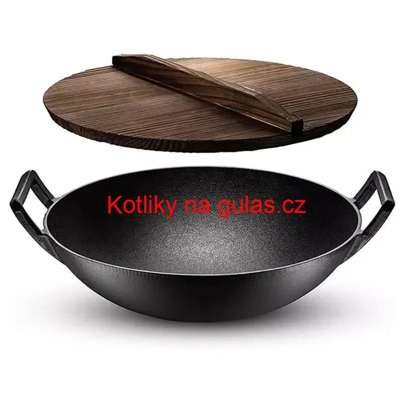 Litinový čínský wok 36,5 cm s dřevěnou poklicí