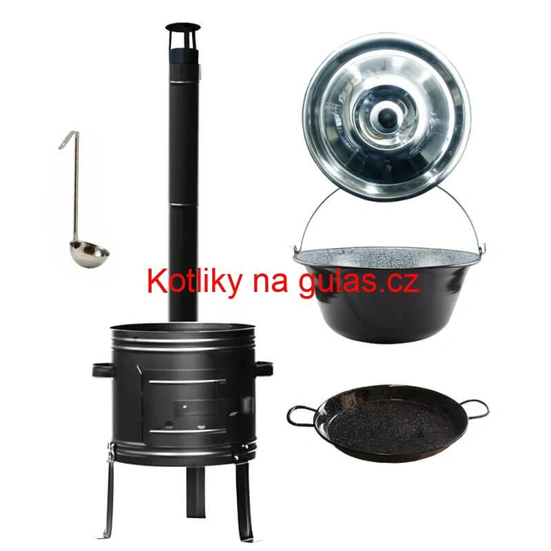 Smaltovaný kotlík 22 L + kovová kotlina + smaltovaná pánev 46 cm Paella
