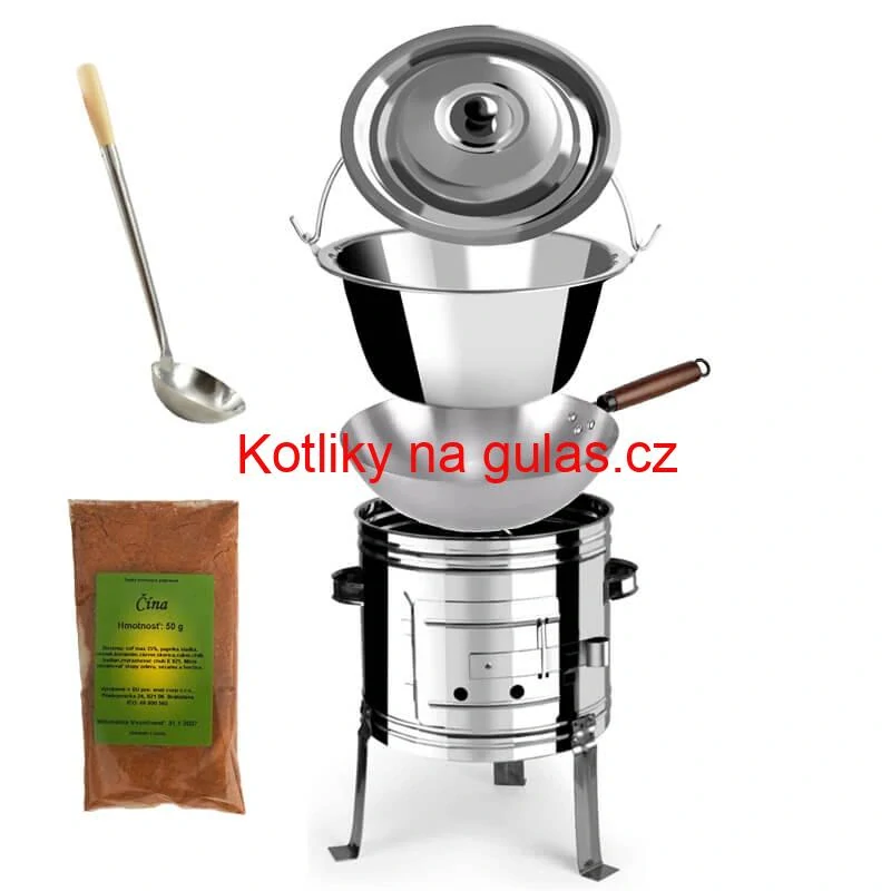 Nerezový kotlík 10 L (0,8 mm) + nerezová kotlina 31 INOX + Wok + koření 50 g