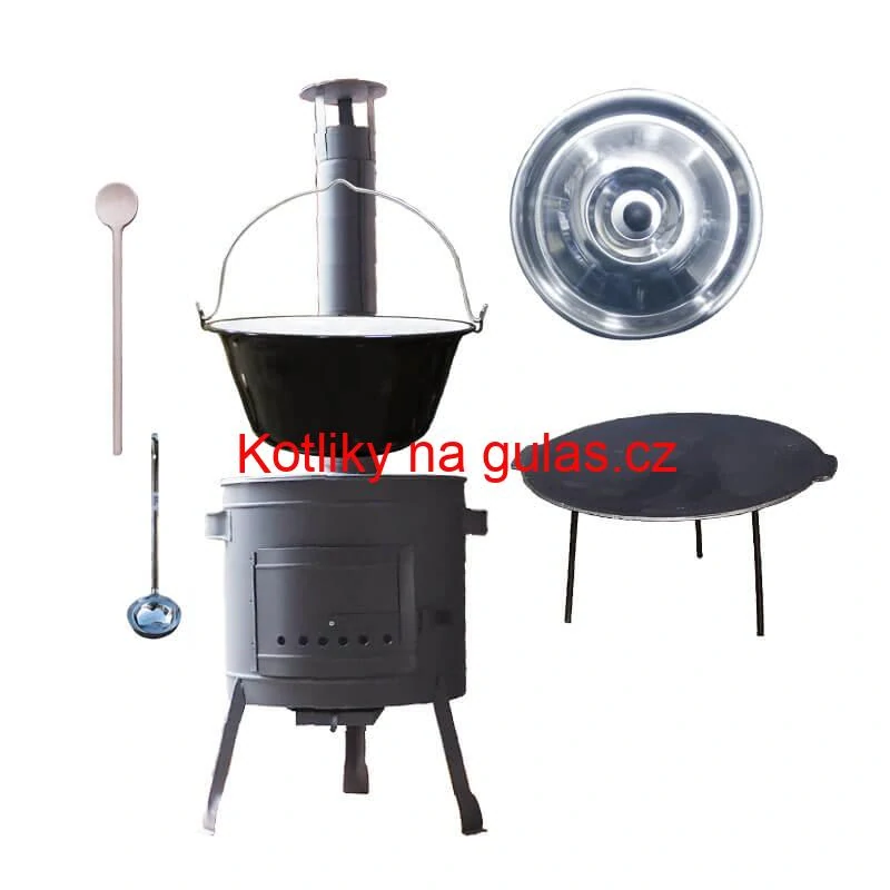 Smaltovaný kotlík 22 L + litinová pánev 45 cm + nízká žáruvzdorná kotlina 42 cm PLUS 600