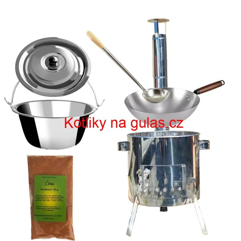 Nerezový kotlík 10 L (0,8 mm) + nerezová kotlina 31 INOX LUSTRO + Wok + koření 50 g