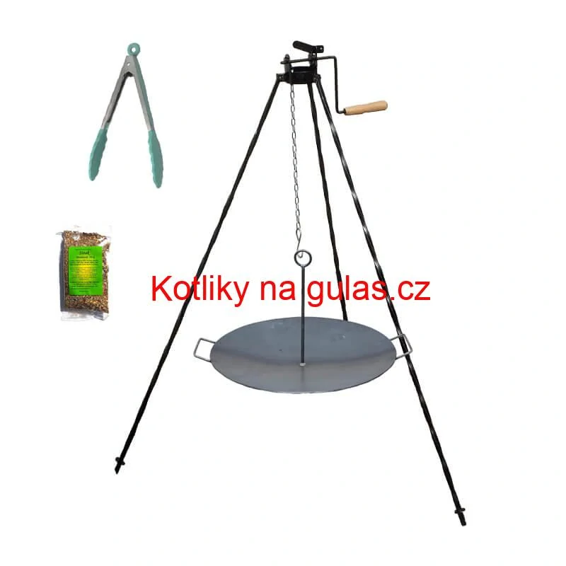 Grilovací souprava CLASSIC STEEL PRO: Trojnožka 1,2m s kladkou + Železná pánev 49 cm