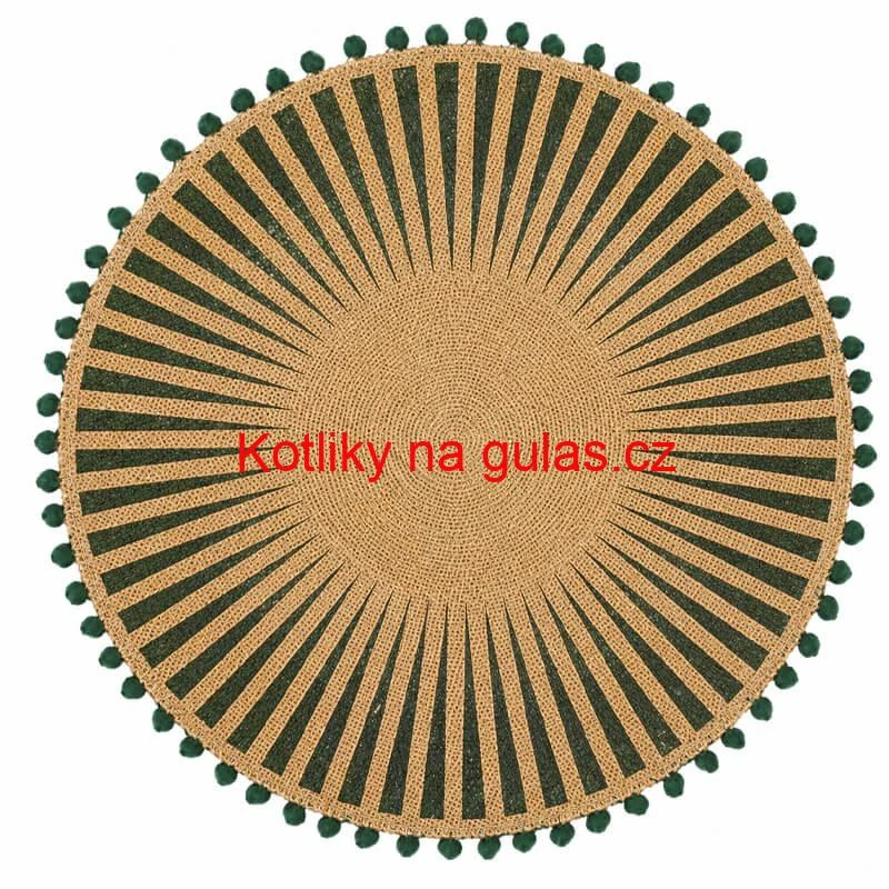 Kulatá jutová podložka pod talíř zelená s bambulkami 37 cm