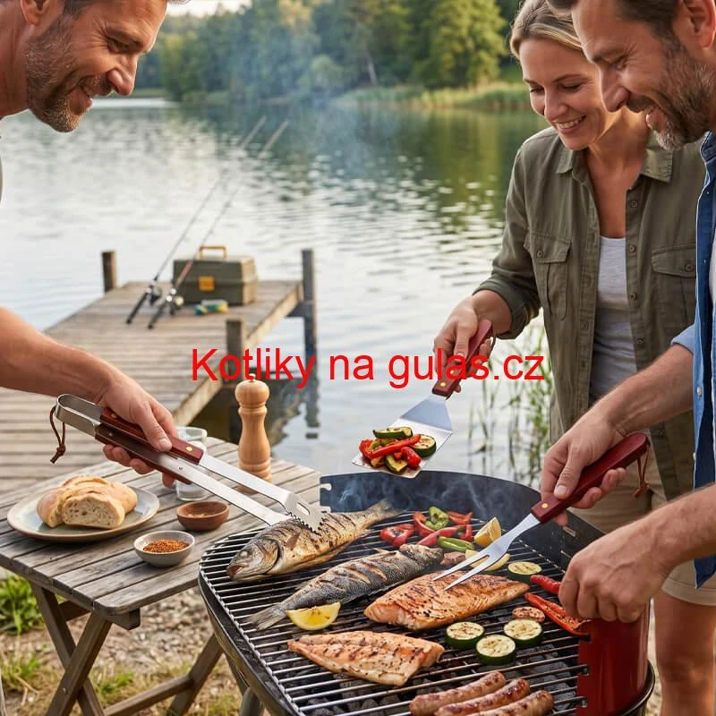 Grilovací nářadí BBQ – sada 3 ks, nerez a dřevo, 33 cm