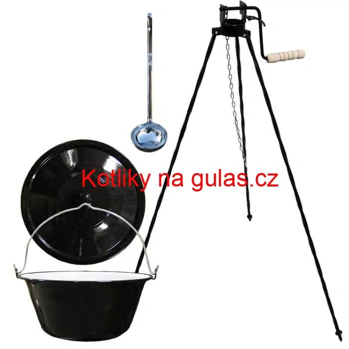 Smaltovaný kotlík 25 L + poklice + stojan s kladkou VAR