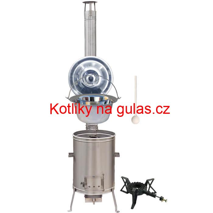 Nerezový kotlík 10 L (1,2 mm) + nerezová kotlina 36 cm + litinový hořák 7 kW, vařečka LUX