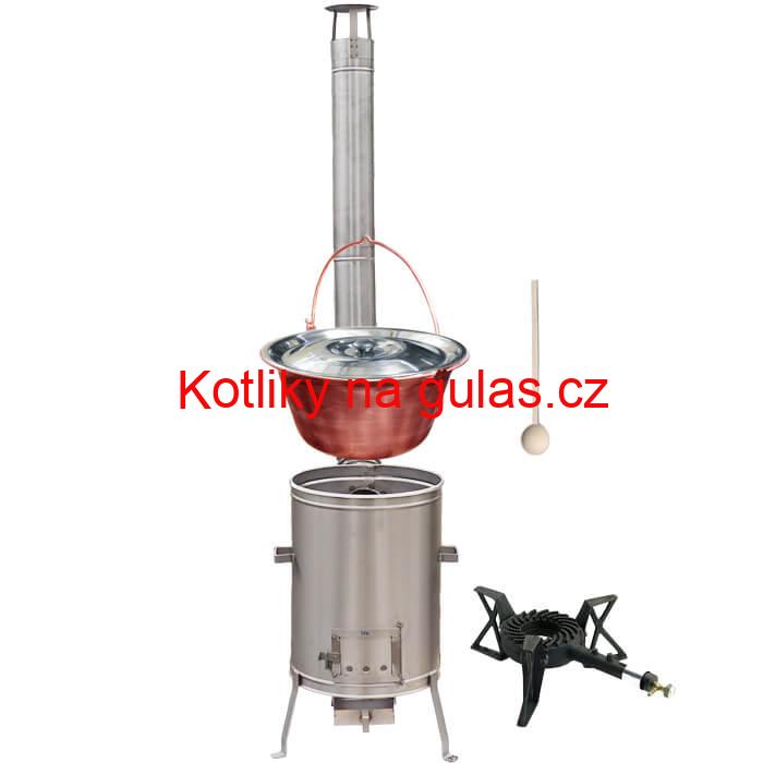 Měděný kotlík 20 L (1,2 mm) + nerezová kotlina 42 cm + litinový hořák 7 kW, vařečka LUX