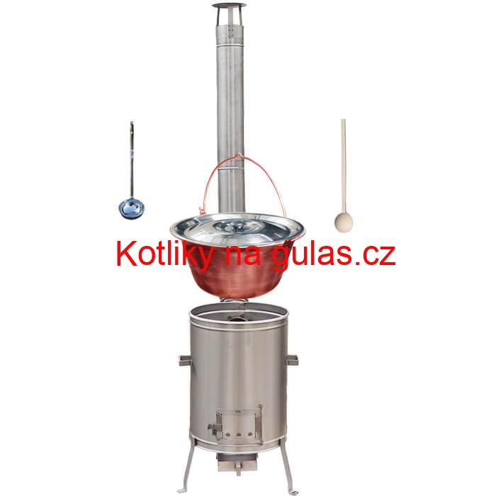 Měděný kotlík 30 L (1,2 mm) + nerezová kotlina 45 cm + vařečka a naběračka LUX