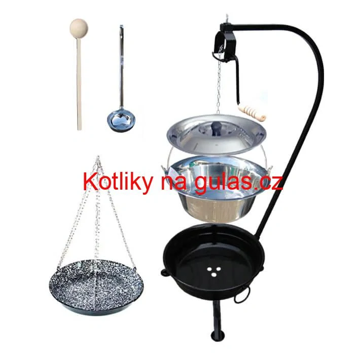 Nerezový kotlík 10 L (0,8 mm) INOX + smaltovaná pánev + ohniště se stojanem as pojistnou kladkou VAR